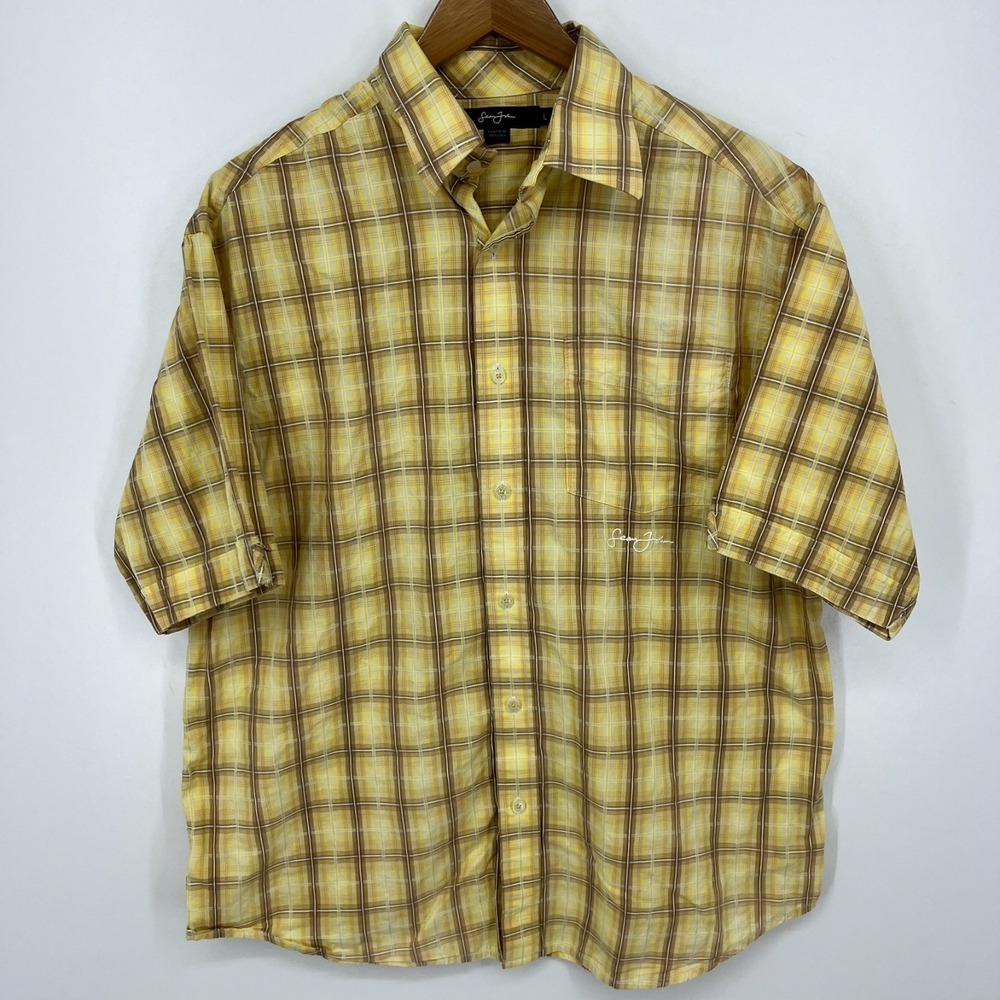 Sean John Short Sleeve Button Shirt Men's Size L Yellow Plaid Y2K Cotton